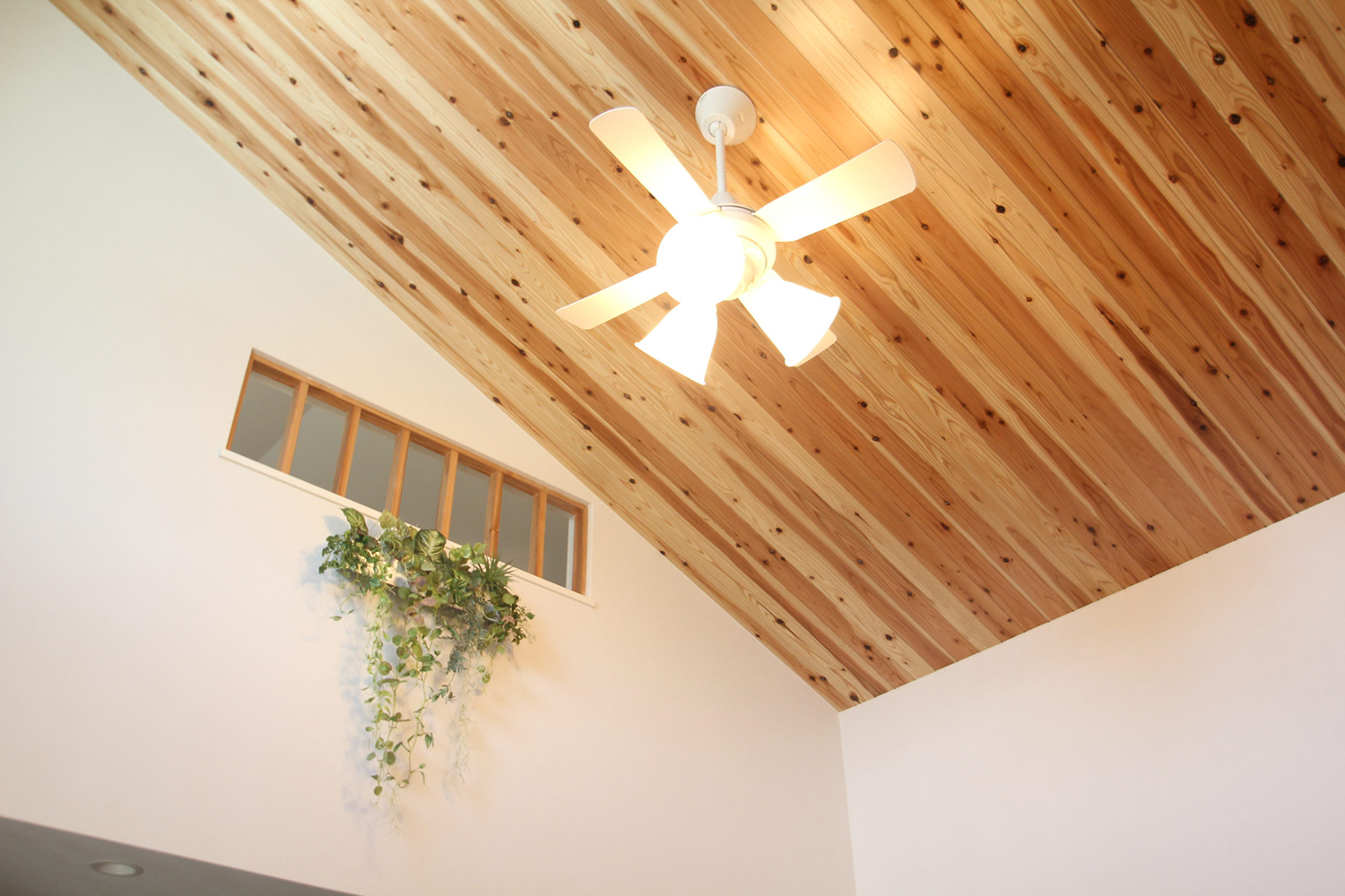 吹き抜けの天井、無垢の板を張り照明付きのファンで室内の温度を調整、天井高は３．５ｍ～４．０ｍ