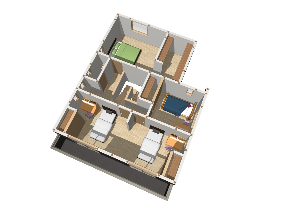 ２階鳥瞰図：寝室＋ウォークインクローゼット、洋室が３部屋　それぞれに物入が付き幼稚園から中学校の子供さんが大勢のご家族には暮らしやすい建物です。