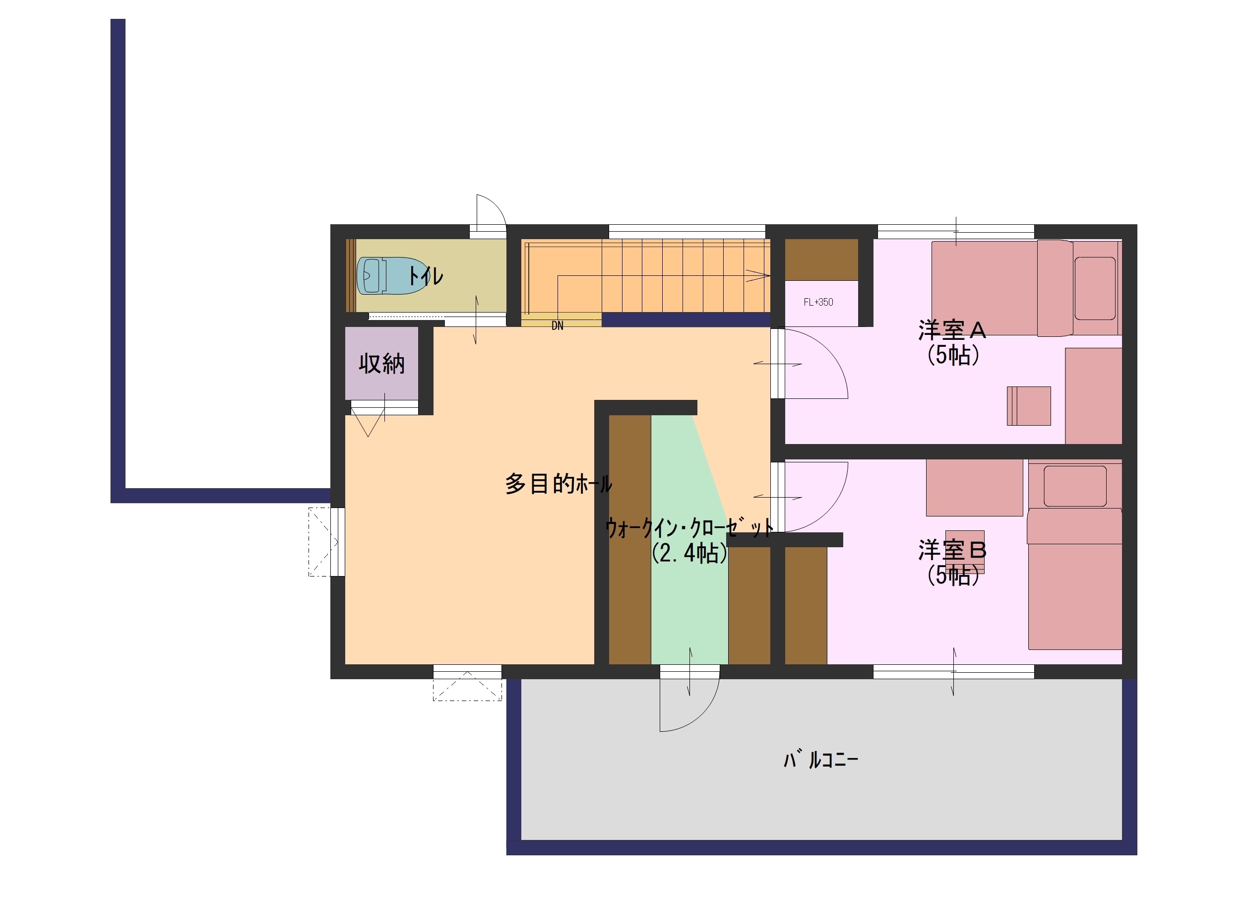 ２階＝広めのホール部分は、子供さんの成長にも合わせ居室の増設も可能。
