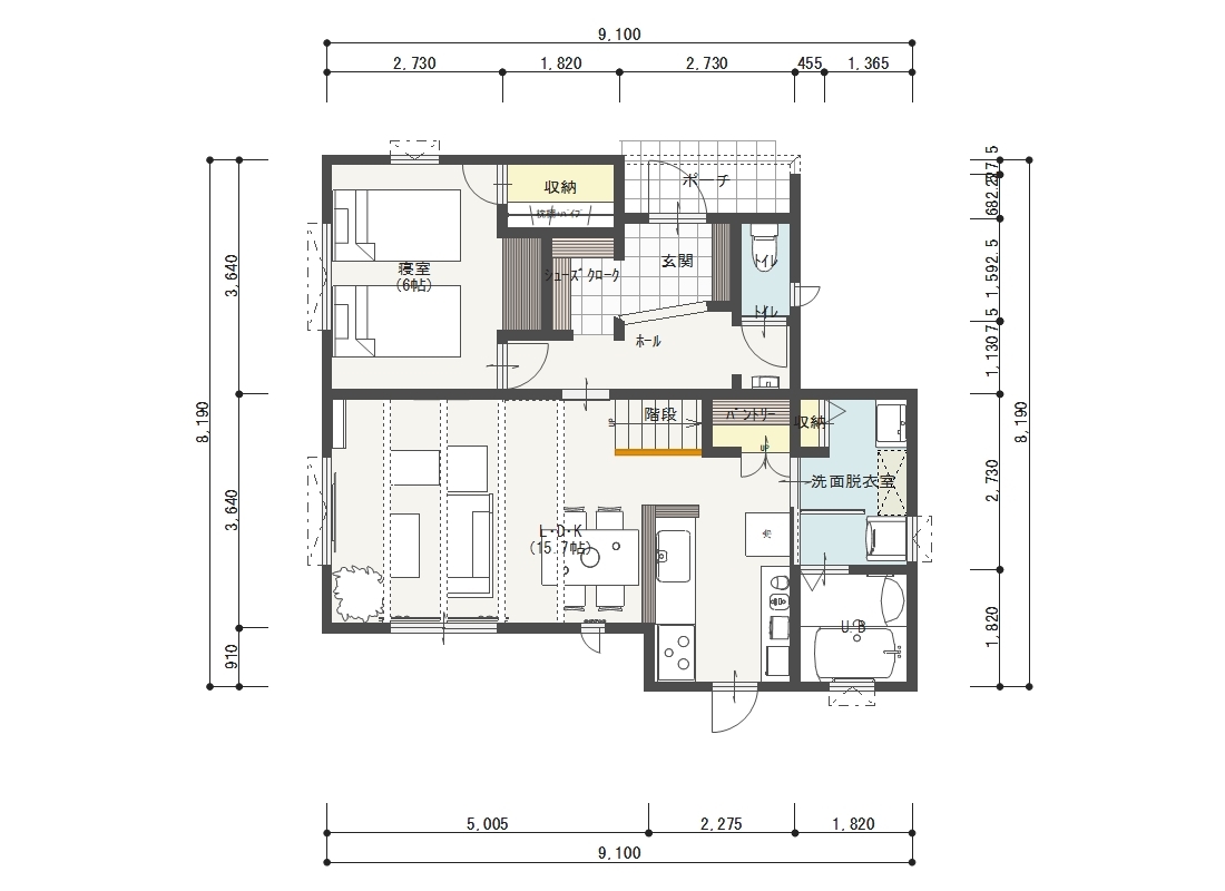 １階平面：ＬＤＫ１６帖、寝室６帖