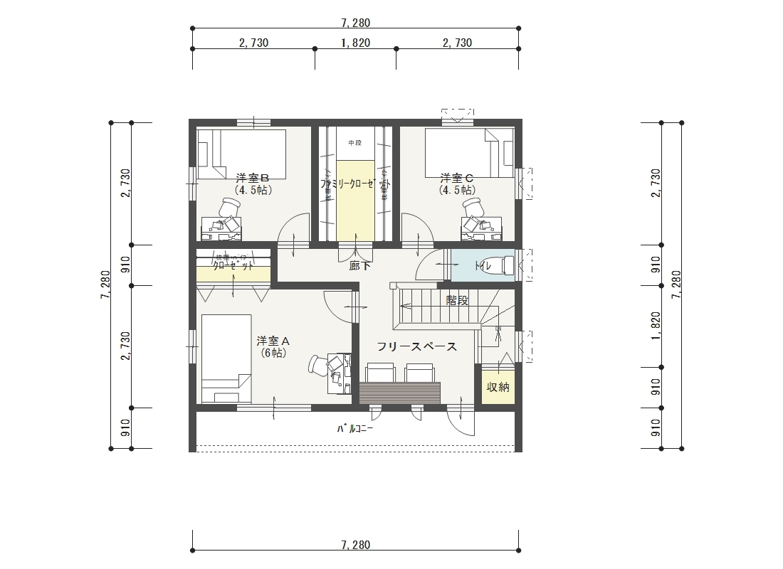 ２階平面図；子供室×２部屋、寝室１部屋、フリースペース３畳、ウォークインクローゼット