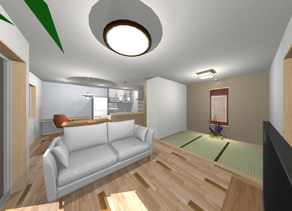 完成予想パース：リビング～畳コーナーとなります