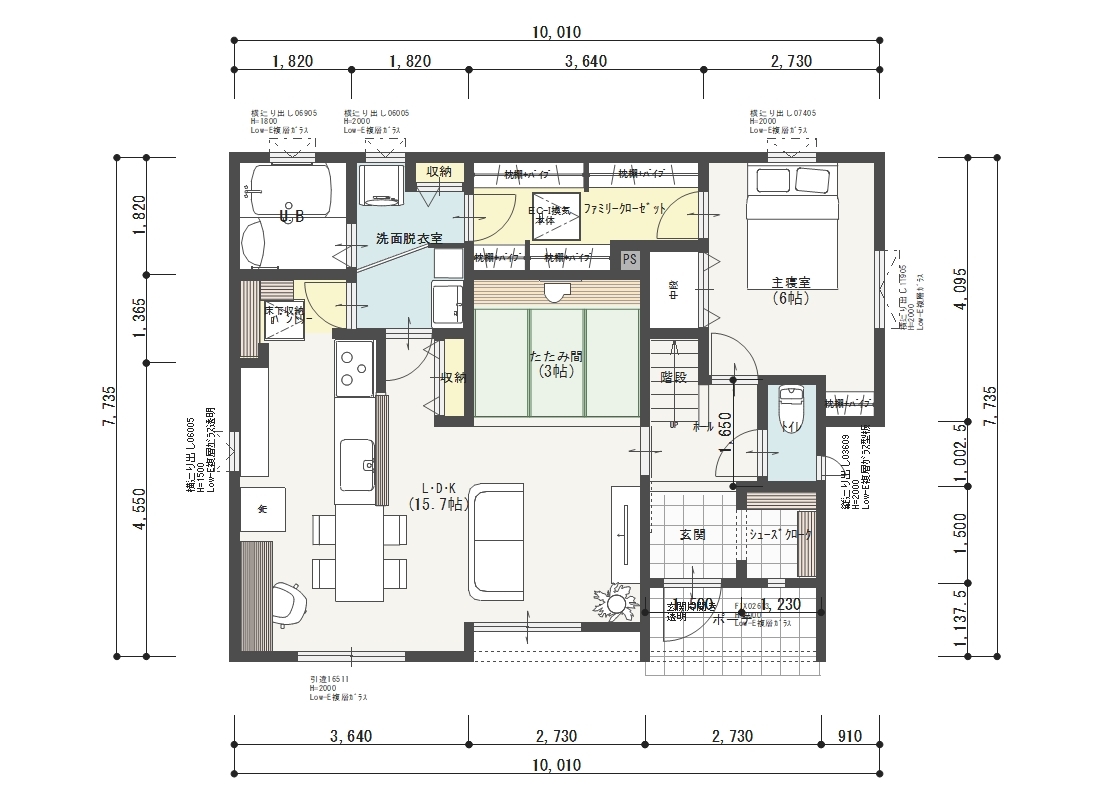 １階はＬＤＫは１５．８帖あり　畳コーナー３．８帖　寝室として可能な６．３帖の洋室、家事動線を配慮したプランです