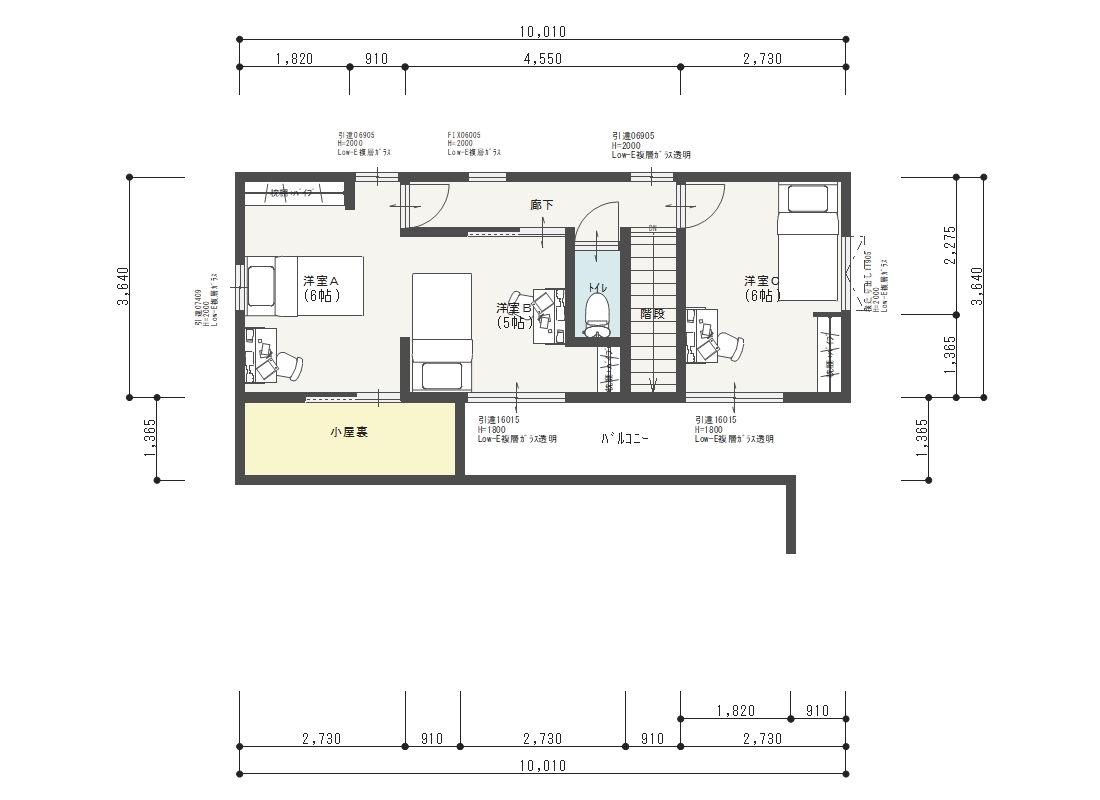 ２階プランは、３部屋の洋室、２間続きの部屋は将来仕切れば個室として利用できます、３畳の小屋裏収納が有り、季節によって入れ替えが便利です