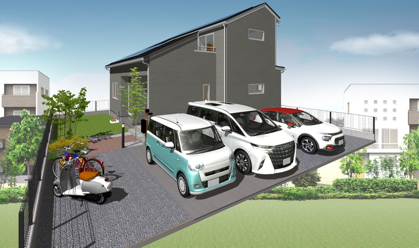 駐車スペース３台以上配置可能な敷地となっています、建物は南向きで日当たりも良く　２階は部屋の中が直接見えない作りです