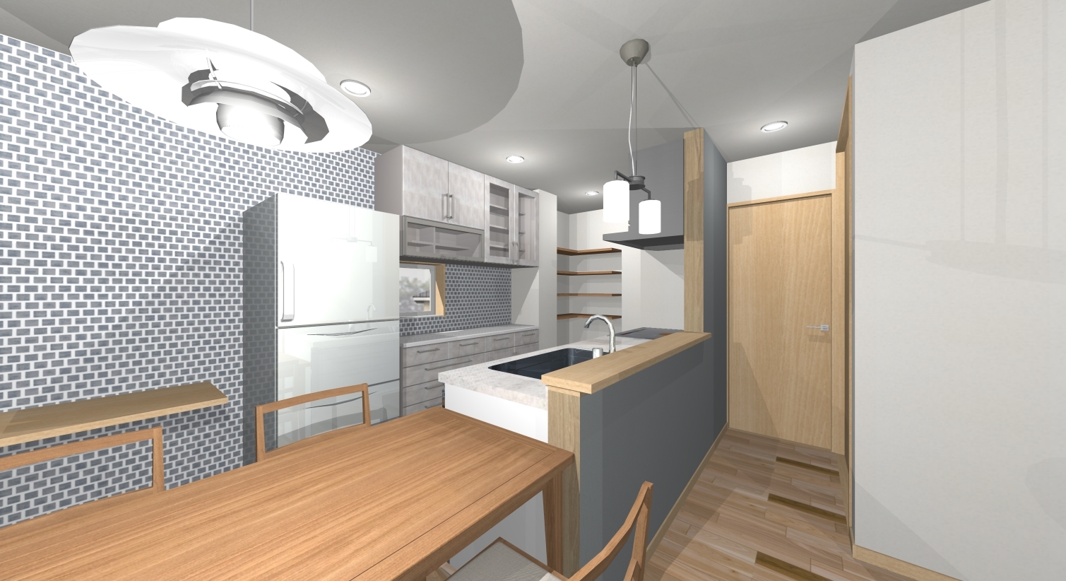 キッチンの完成予想パース、吊戸タイプで幅１８００の食器棚が付いています、奥には食品庫が有り整理しやすくなっています